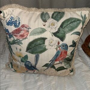 Floral Bird Print 16" ivory green pillow with cut thread trim